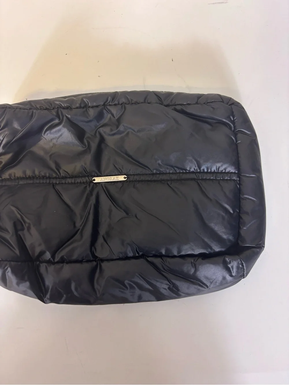 Anorak Black Shiny Quilted Puffer Cosmetic Makeup Bag Pouch with Handle